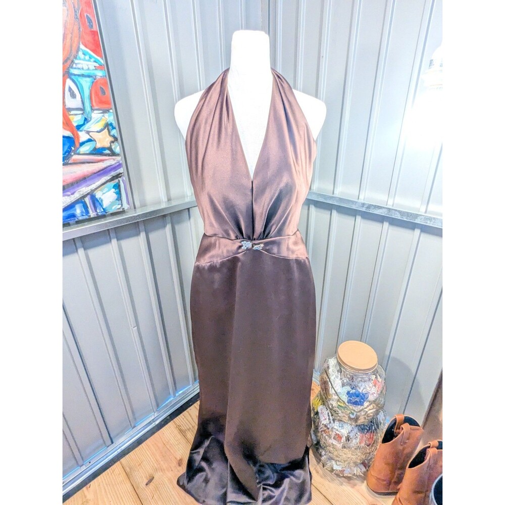 VTG Jim Hjelm Occasions Brown Satin Halter Evening Gown Dress Sz 10 Style...